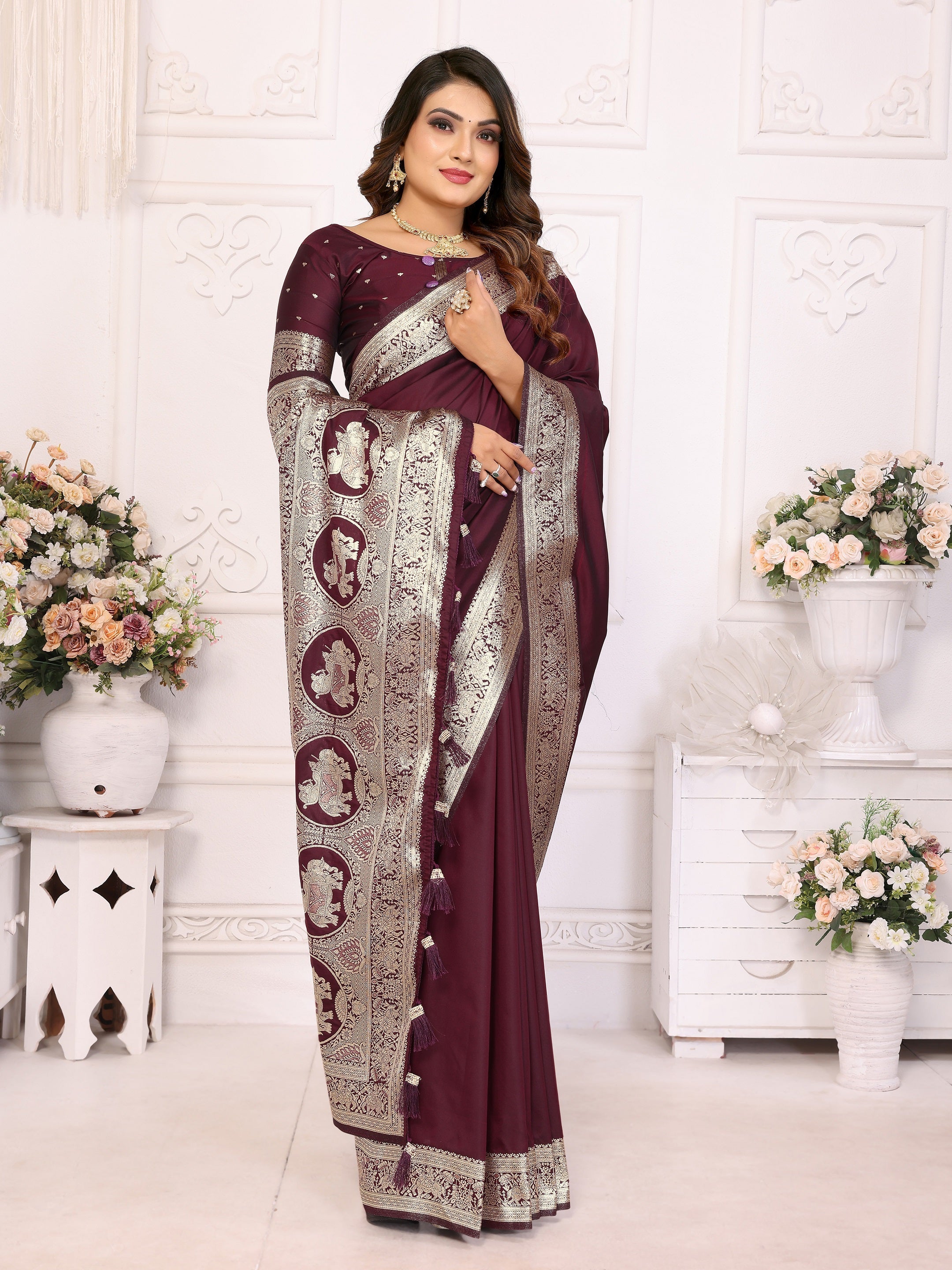 Vedant Vastram Soft Litchi Silk Banarasi Silk Saree - Maroon | Grocsy