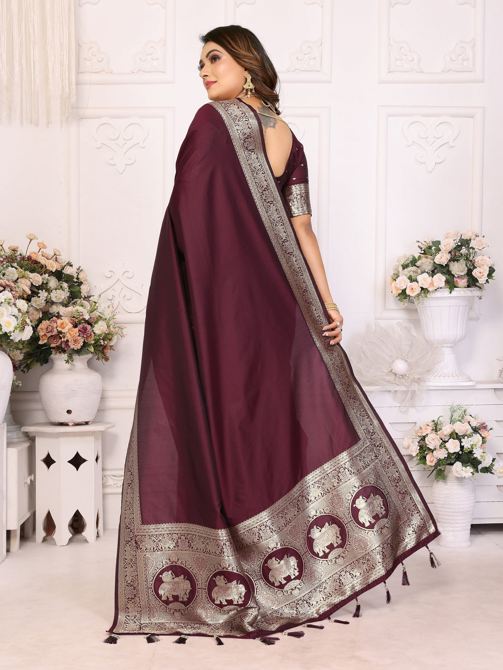 Vedant Vastram Soft Litchi Silk Banarasi Silk Saree - Maroon | Grocsy