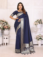 Vedant Vastram Soft Litchi Silk Banarasi Silk Saree - Navy | Grocsy