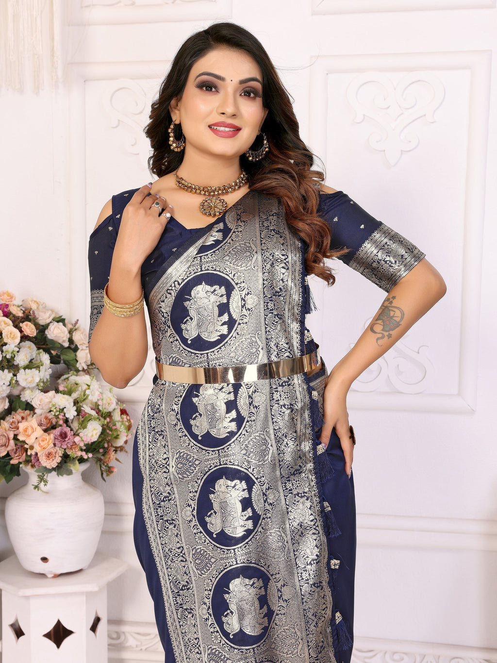 Vedant Vastram Soft Litchi Silk Banarasi Silk Saree - Navy | Grocsy