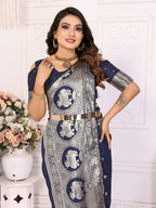 Vedant Vastram Soft Litchi Silk Banarasi Silk Saree - Navy | Grocsy