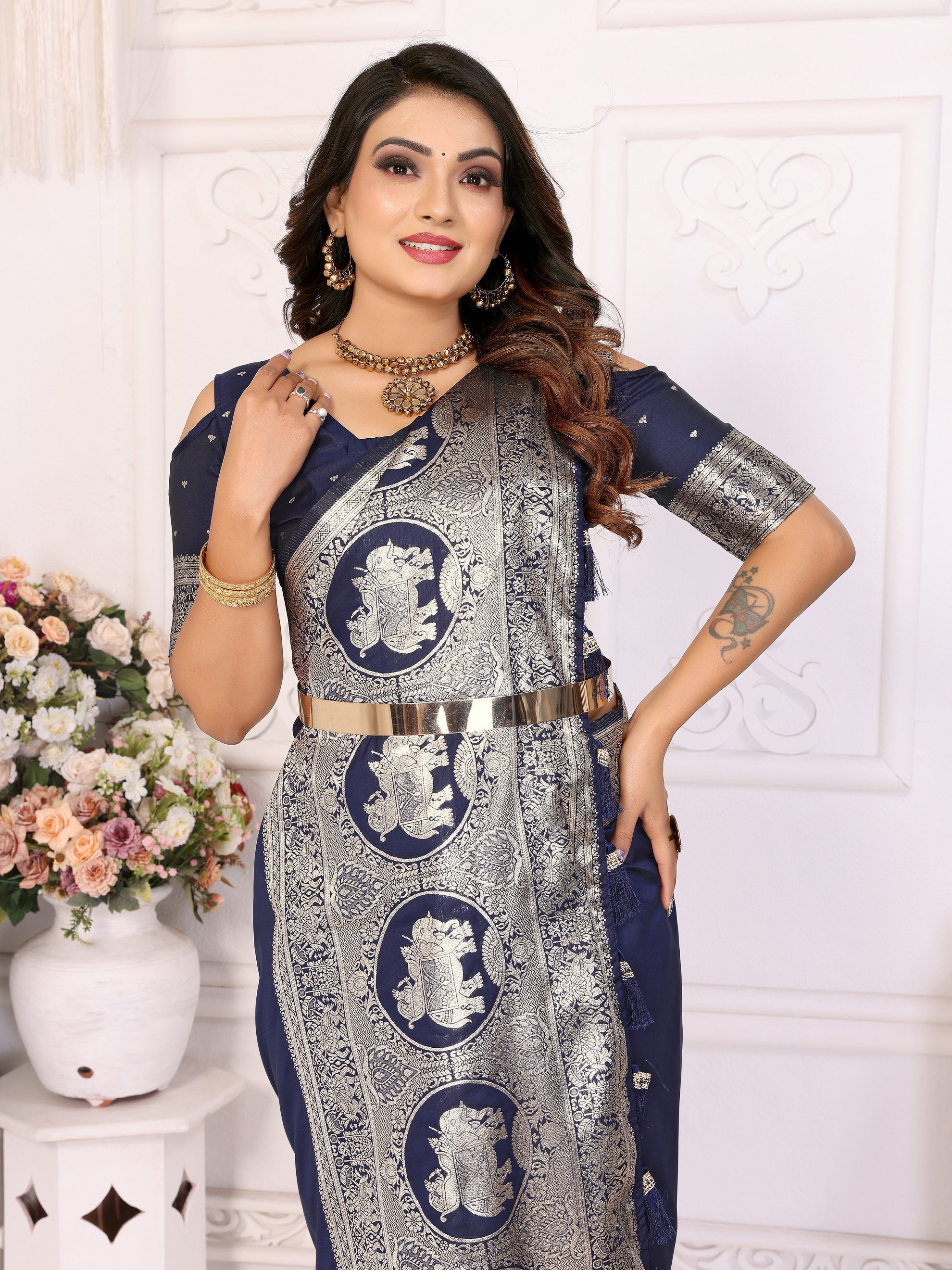 Vedant Vastram Soft Litchi Silk Banarasi Silk Saree - Navy | Grocsy