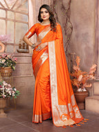 Vedant Vastram Soft Litchi Silk Banarasi Silk Saree - Orange | Grocsy