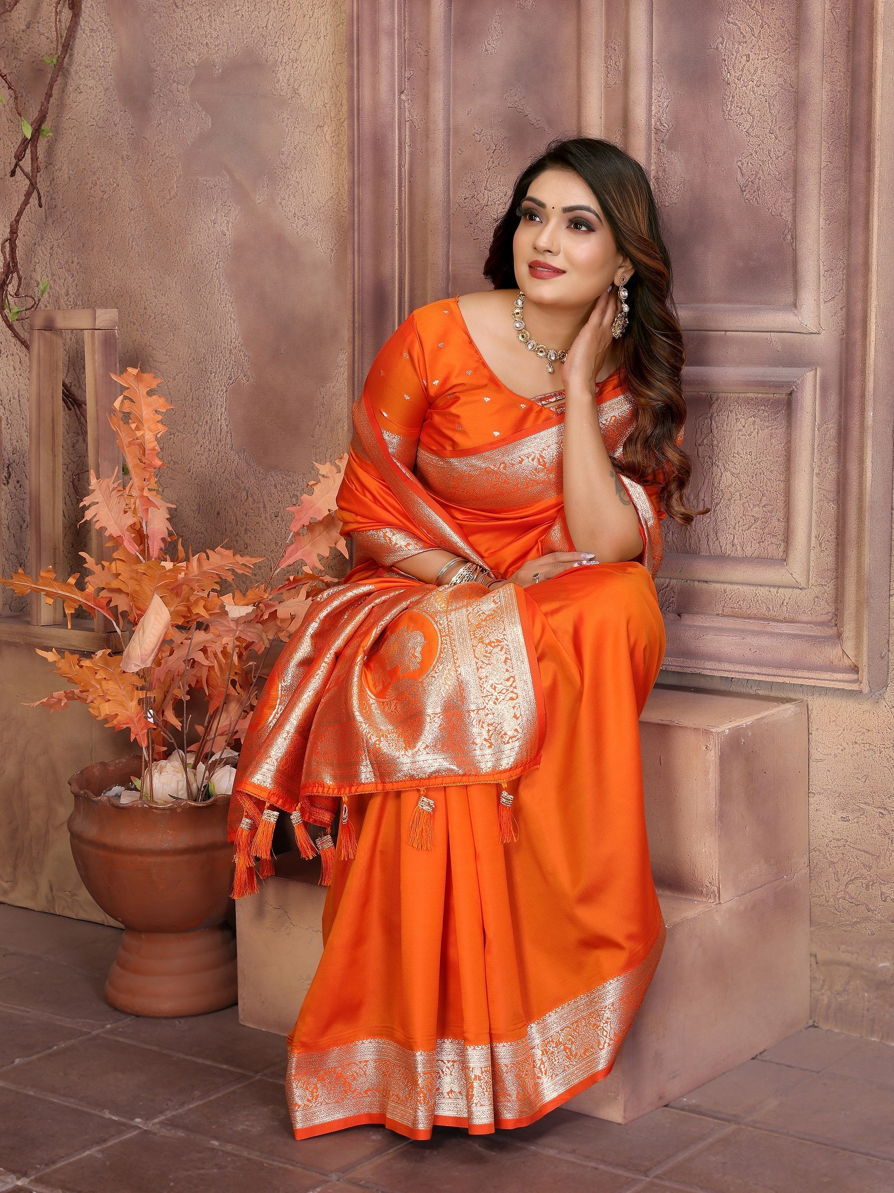 Vedant Vastram Soft Litchi Silk Banarasi Silk Saree - Orange | Grocsy