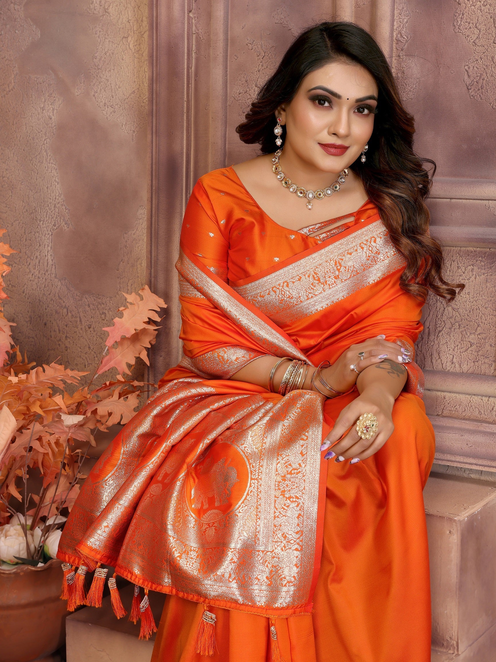Vedant Vastram Soft Litchi Silk Banarasi Silk Saree - Orange | Grocsy