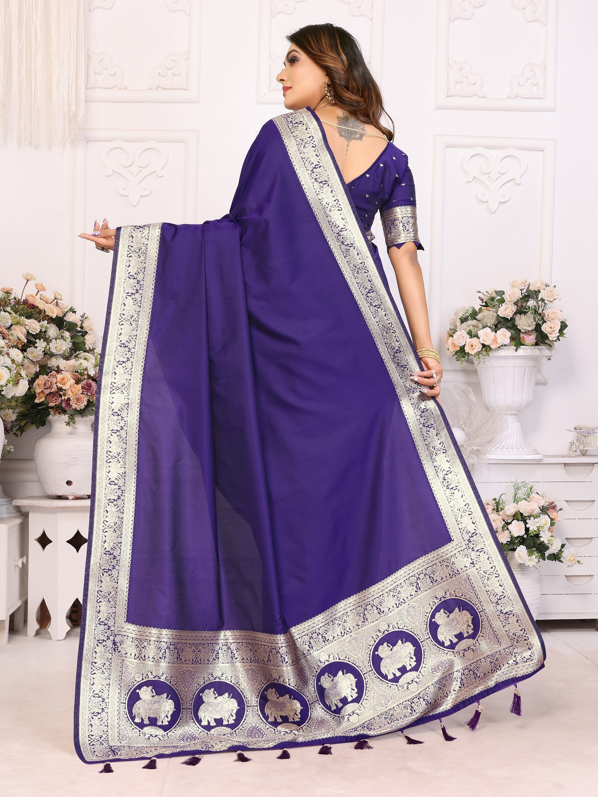 Vedant Vastram Soft Litchi Silk Banarasi Silk Saree - Violet | Grocsy