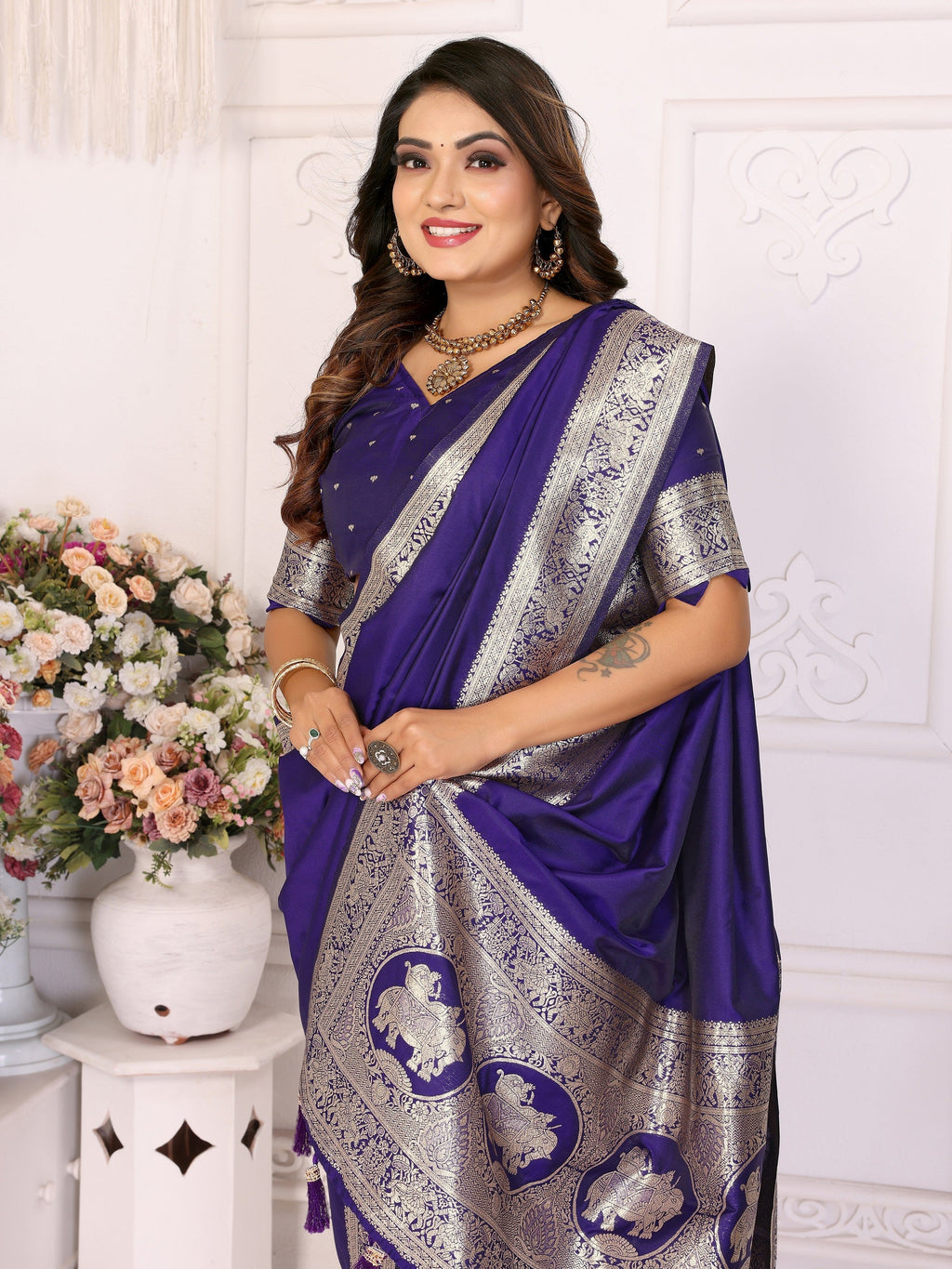 Vedant Vastram Soft Litchi Silk Banarasi Silk Saree - Violet | Grocsy