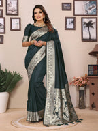 Vedant Vastram Soft Litchi Silk Banarasi Silk Saree - Green | Grocsy