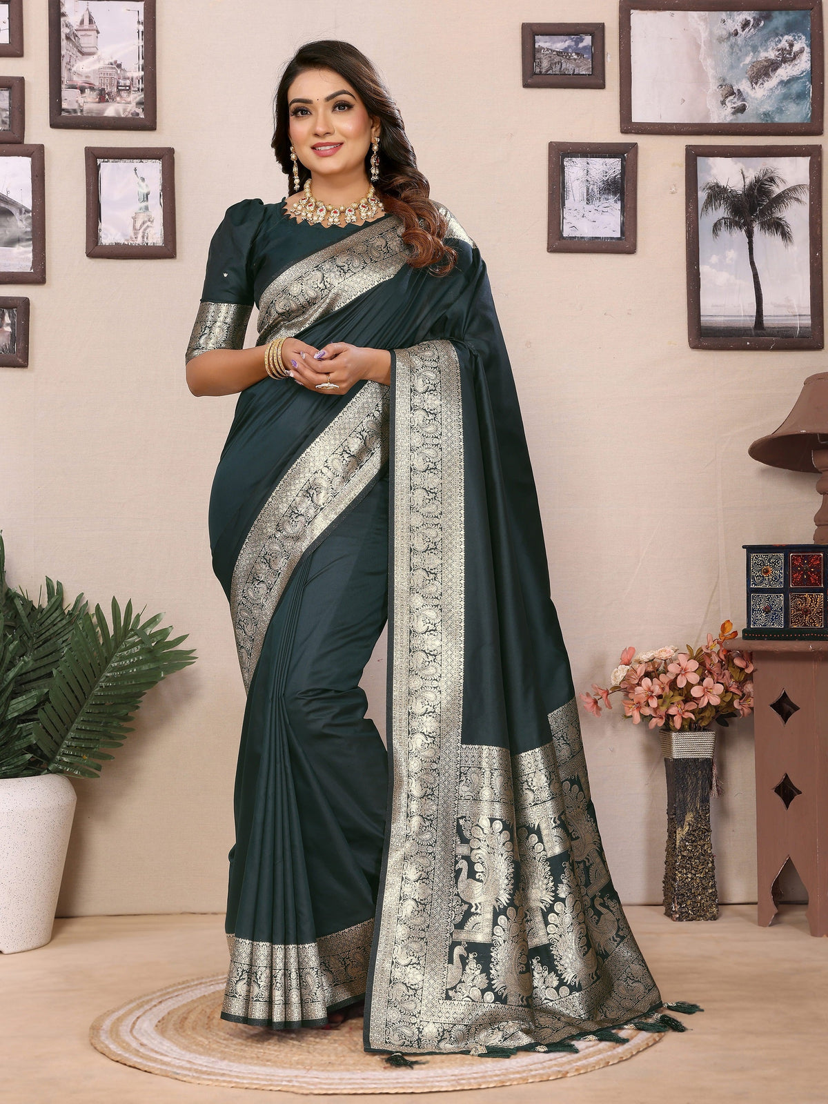 Vedant Vastram Soft Litchi Silk Banarasi Silk Saree - Green | Grocsy