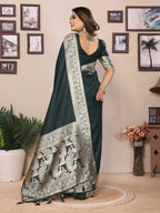Vedant Vastram Soft Litchi Silk Banarasi Silk Saree - Green | Grocsy