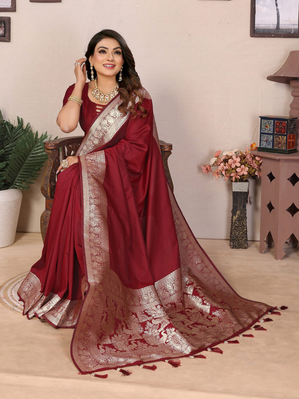 Vedant Vastram Soft Litchi Silk Banarasi Silk Saree - Maroon | Grocsy