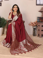 Vedant Vastram Soft Litchi Silk Banarasi Silk Saree - Maroon | Grocsy