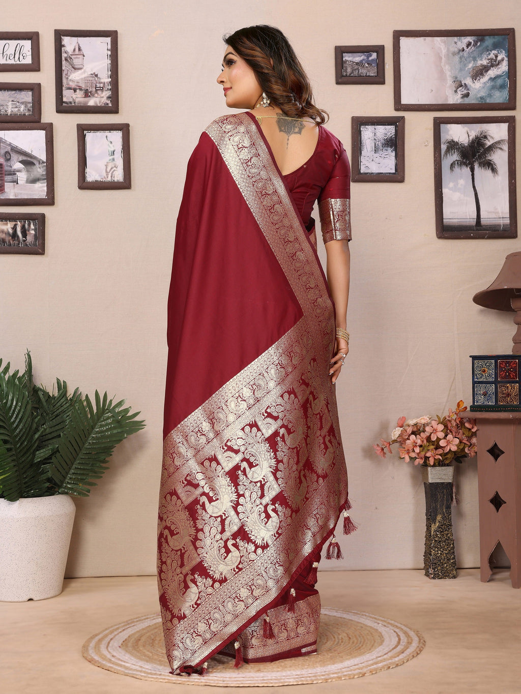 Vedant Vastram Soft Litchi Silk Banarasi Silk Saree - Maroon | Grocsy