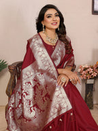 Vedant Vastram Soft Litchi Silk Banarasi Silk Saree - Maroon | Grocsy