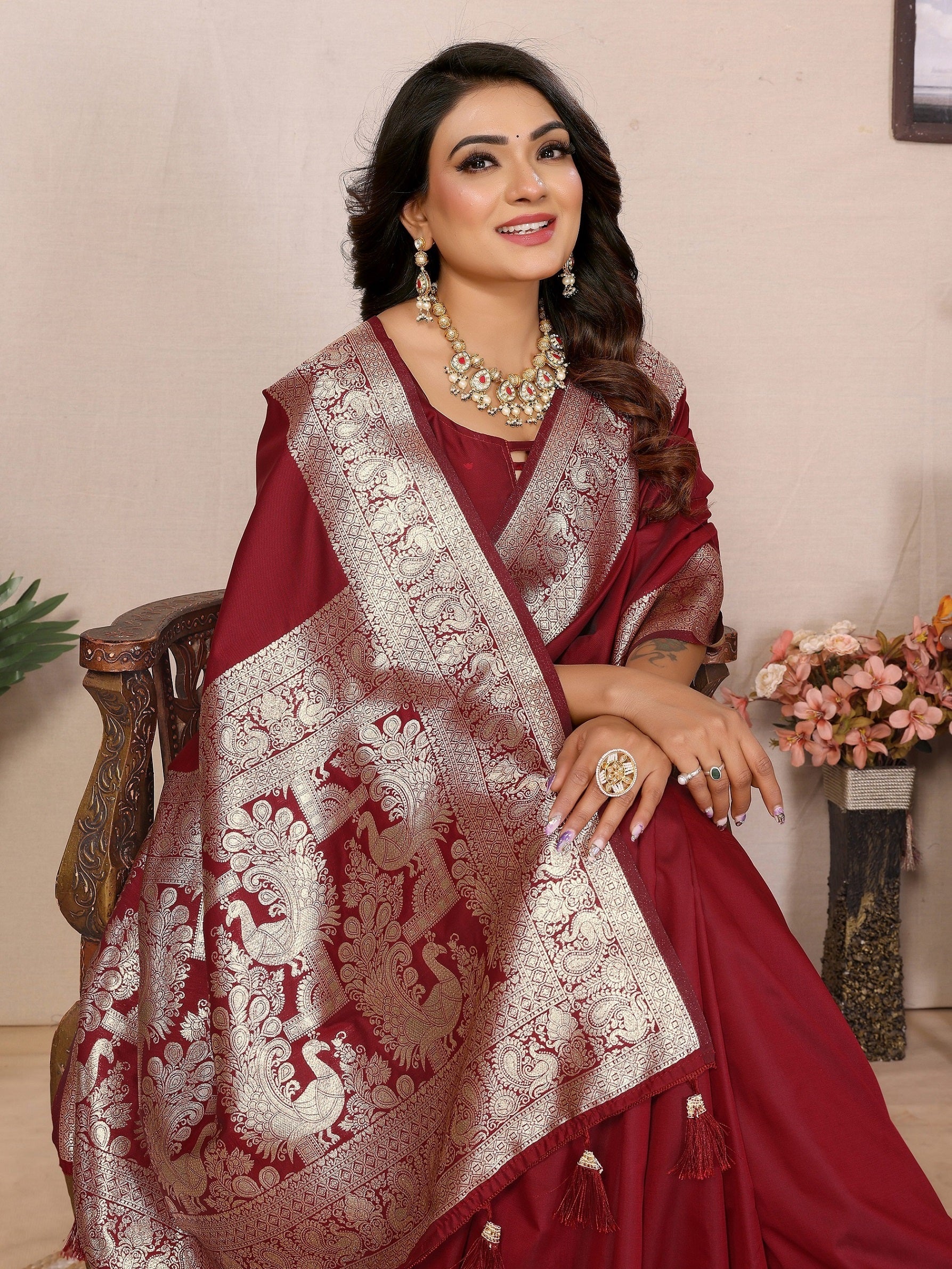 Vedant Vastram Soft Litchi Silk Banarasi Silk Saree - Maroon | Grocsy