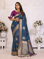 Vedant Vastram Soft Litchi Silk Banarasi Silk Saree - Blue | Grocsy