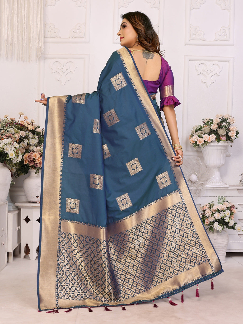 Vedant Vastram Soft Litchi Silk Banarasi Silk Saree - Blue | Grocsy