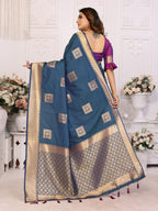 Vedant Vastram Soft Litchi Silk Banarasi Silk Saree - Blue | Grocsy