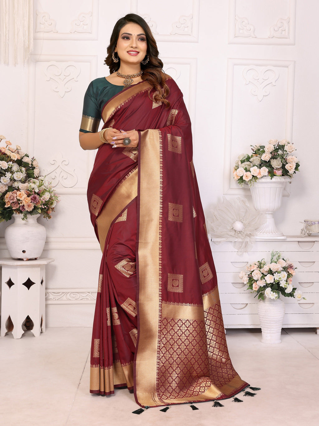 Vedant Vastram Soft Litchi Silk Banarasi Silk Saree - Maroon | Grocsy