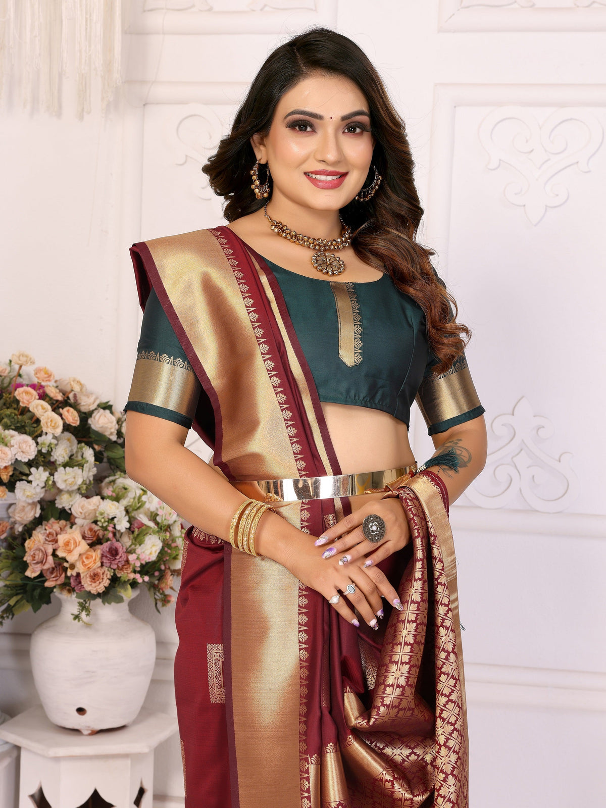 Vedant Vastram Soft Litchi Silk Banarasi Silk Saree - Maroon | Grocsy