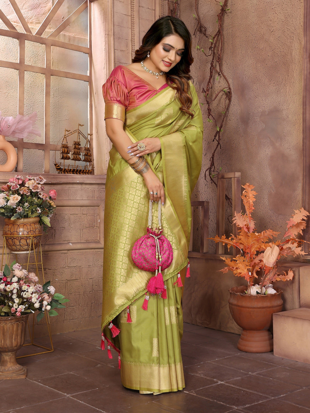 Vedant Vastram Soft Litchi Silk Banarasi Silk Saree - Olive | Grocsy
