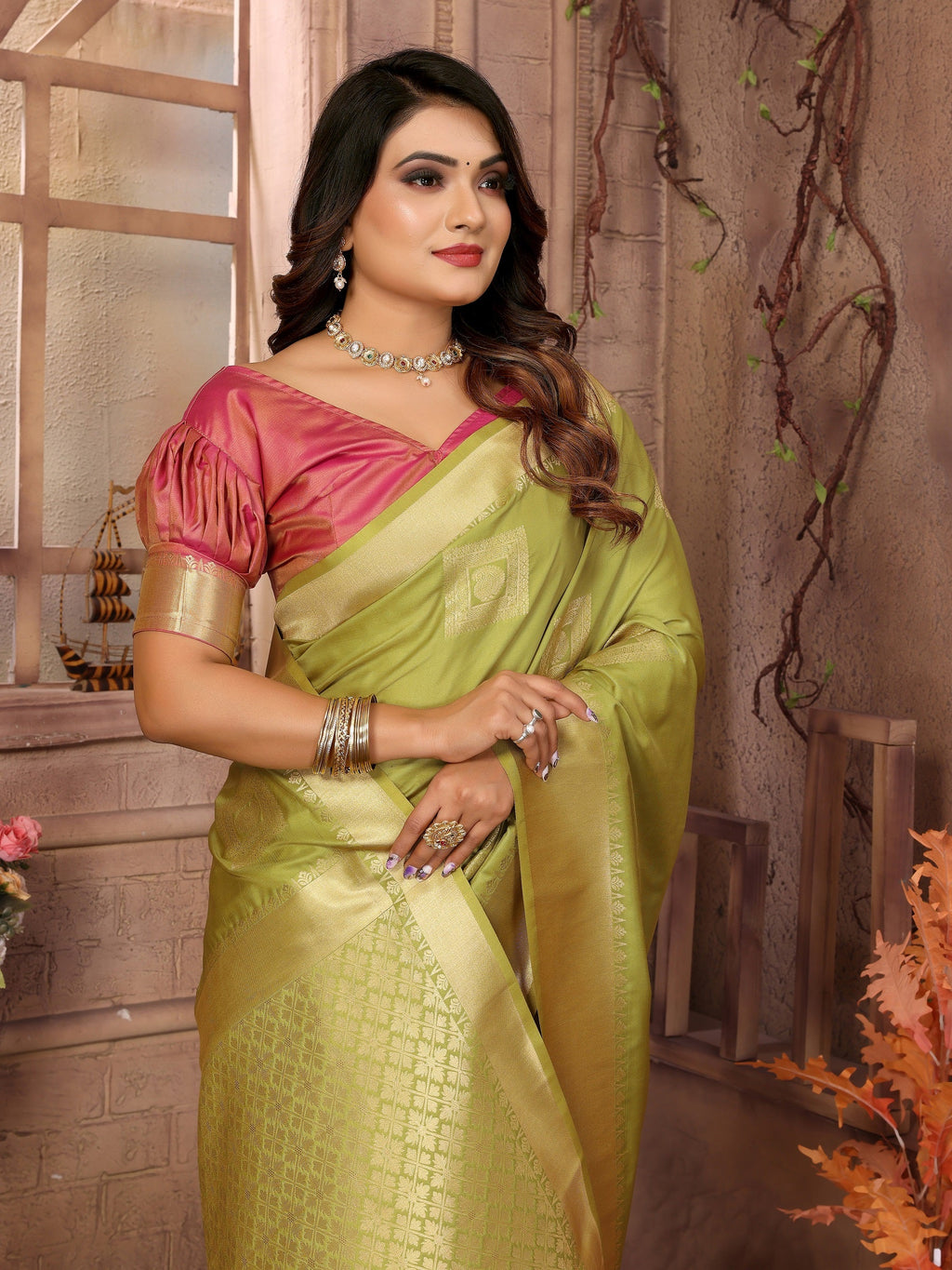 Vedant Vastram Soft Litchi Silk Banarasi Silk Saree - Olive | Grocsy