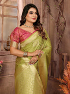 Vedant Vastram Soft Litchi Silk Banarasi Silk Saree - Olive | Grocsy