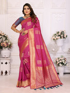 Vedant Vastram Soft Litchi Silk Banarasi Silk Saree - Pink | Grocsy