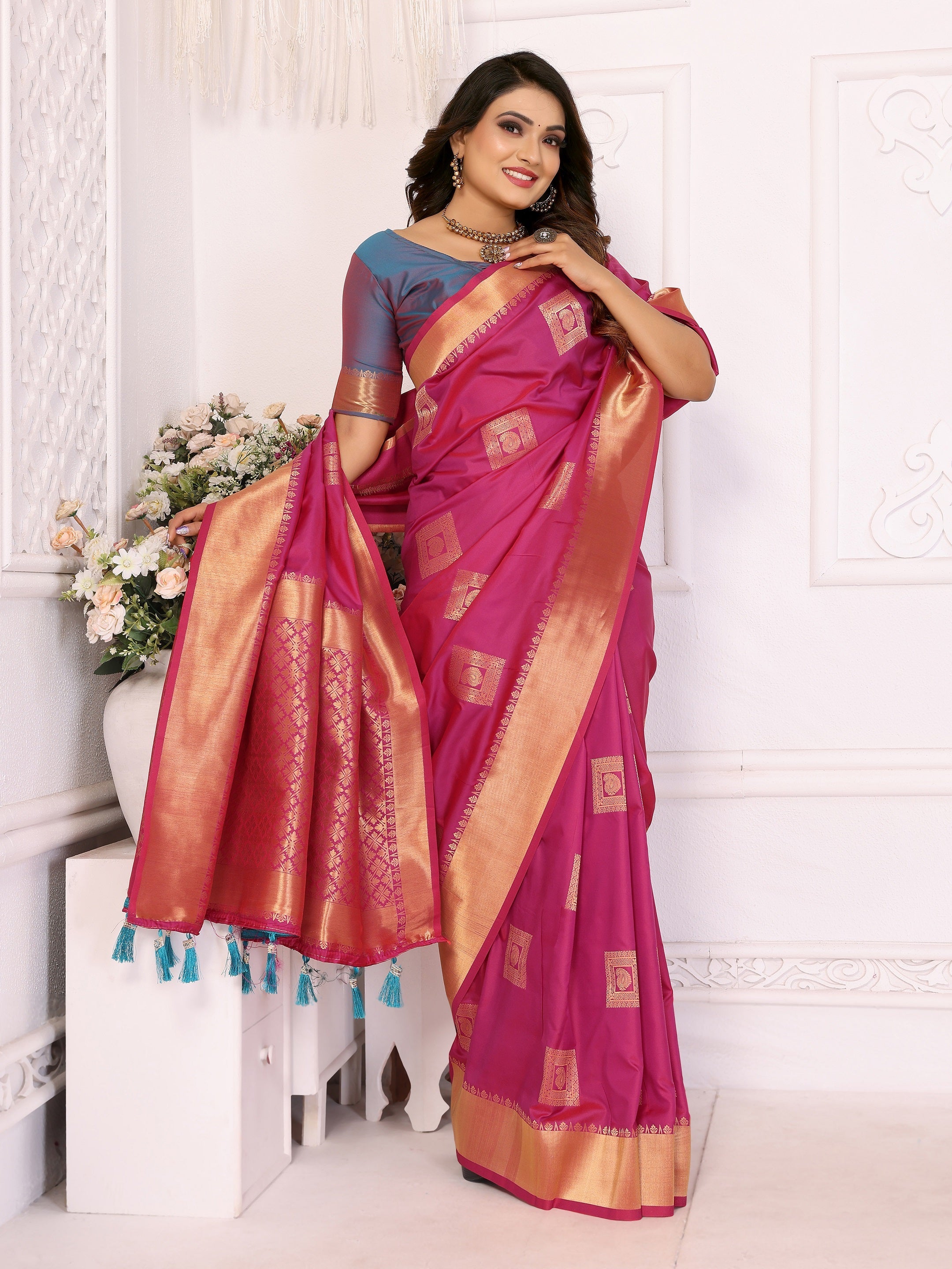 Vedant Vastram Soft Litchi Silk Banarasi Silk Saree - Pink | Grocsy