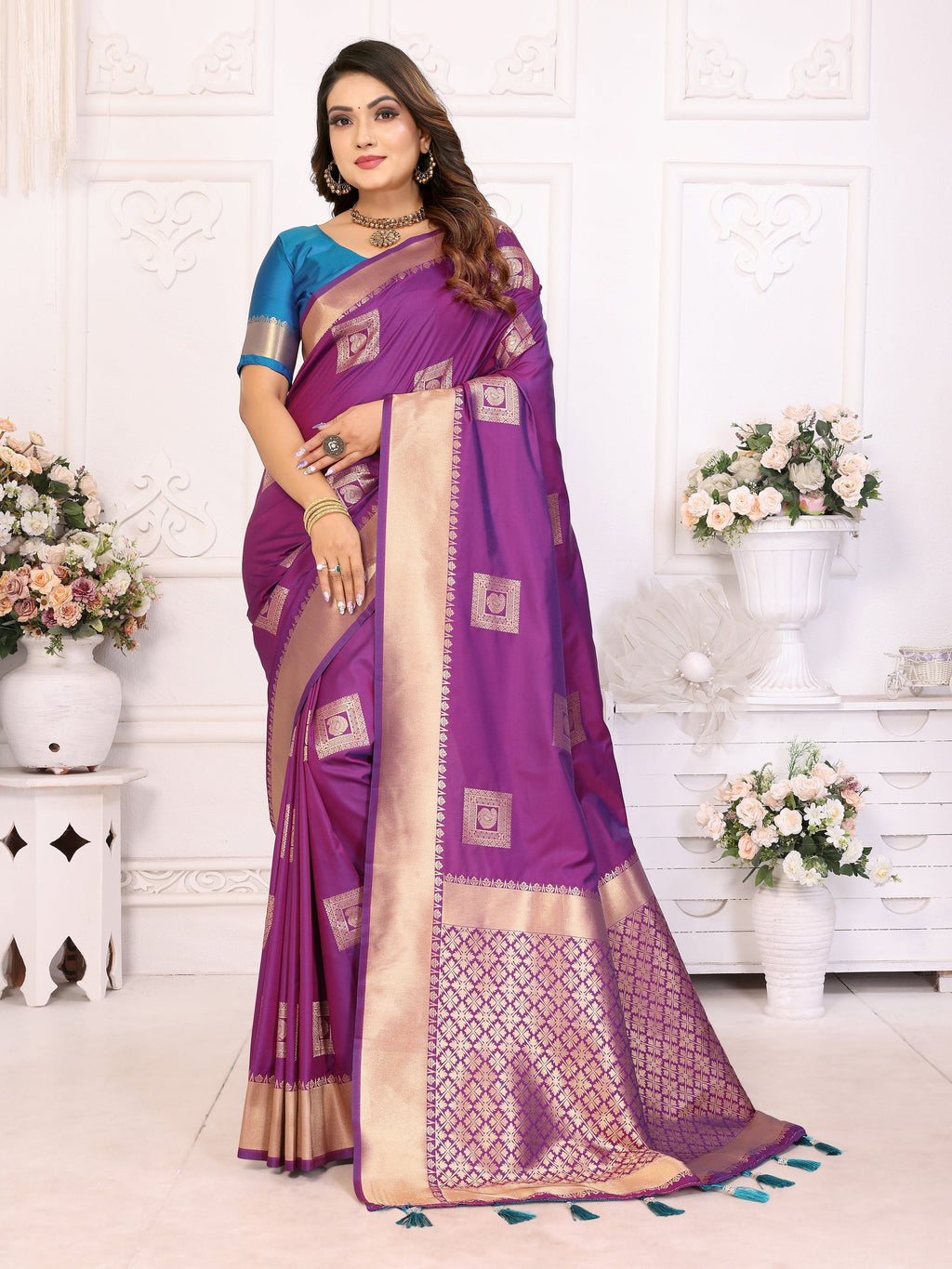 Vedant Vastram Soft Litchi Silk Banarasi Silk Saree - Purple | Grocsy