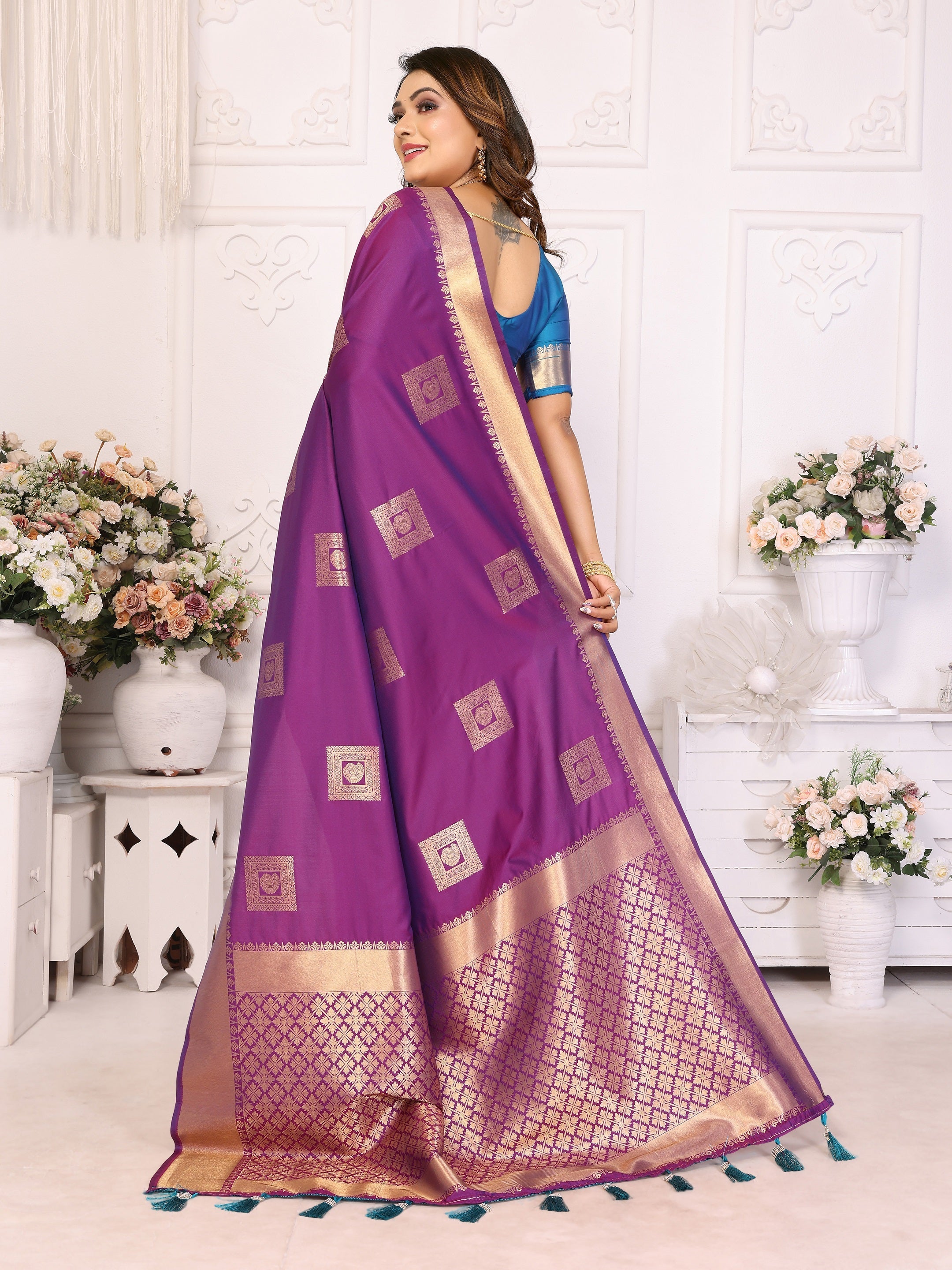 Vedant Vastram Soft Litchi Silk Banarasi Silk Saree - Purple | Grocsy