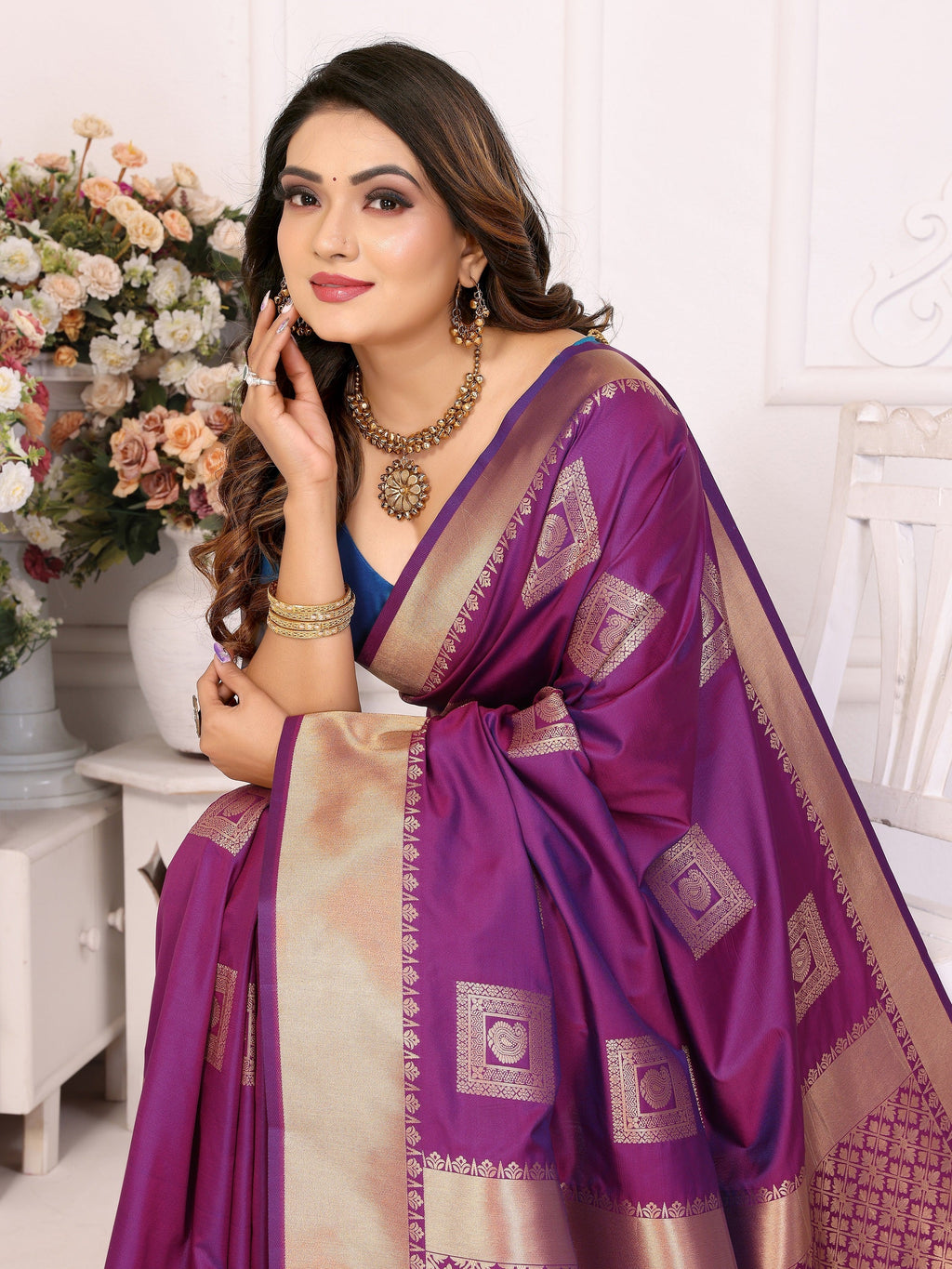 Vedant Vastram Soft Litchi Silk Banarasi Silk Saree - Purple | Grocsy