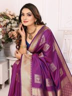 Vedant Vastram Soft Litchi Silk Banarasi Silk Saree - Purple | Grocsy