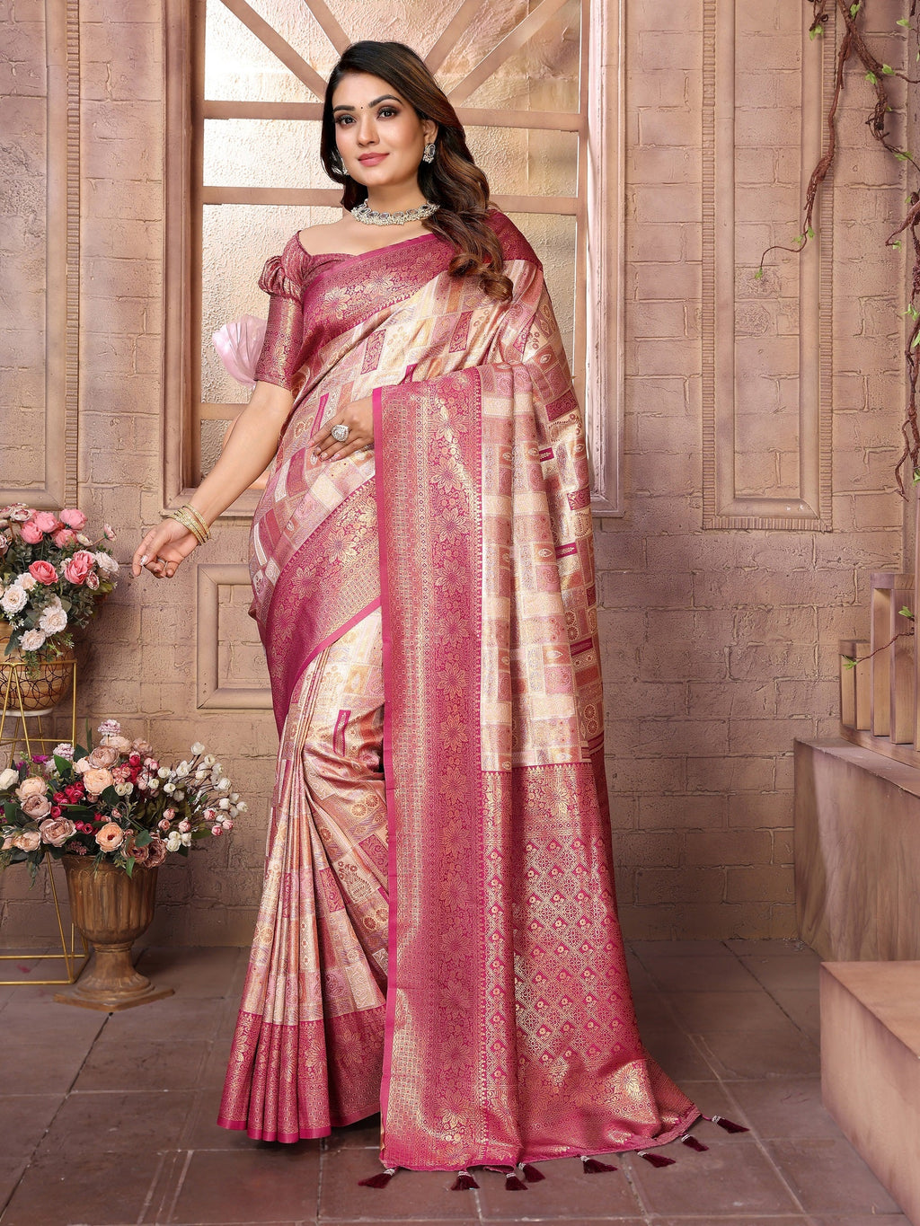 Vedant Vastram Soft Litchi Silk Kanjeevaram Silk Saree - Beige | Grocsy