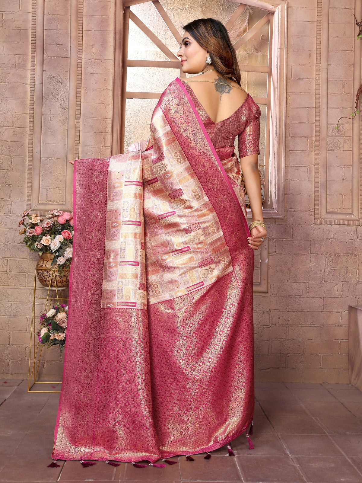 Vedant Vastram Soft Litchi Silk Kanjeevaram Silk Saree - Beige | Grocsy