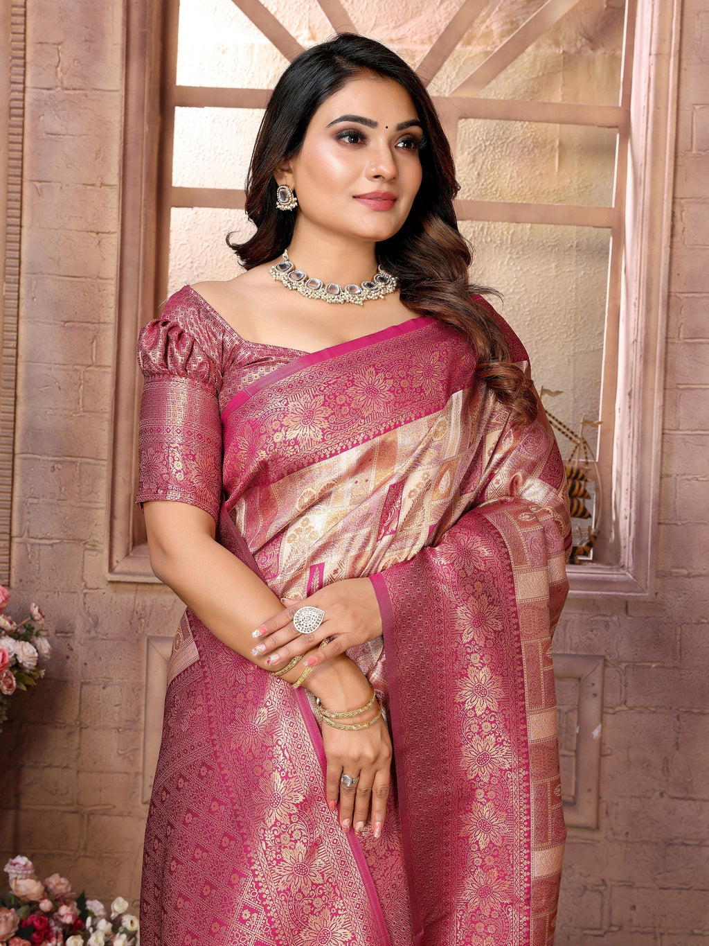 Vedant Vastram Soft Litchi Silk Kanjeevaram Silk Saree - Beige | Grocsy