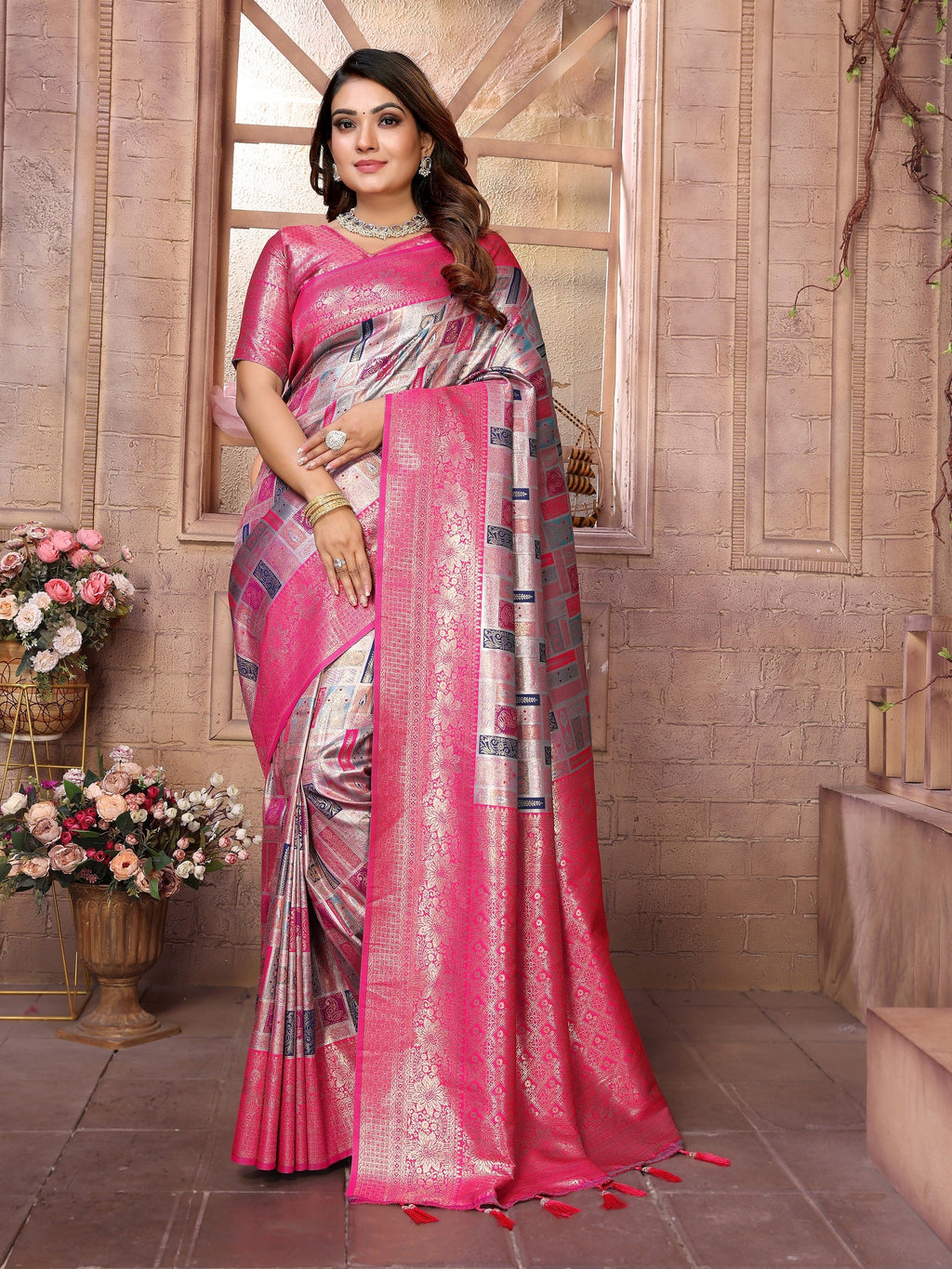 Vedant Vastram Soft Litchi Silk Kanjeevaram Silk Saree - Grey | Grocsy