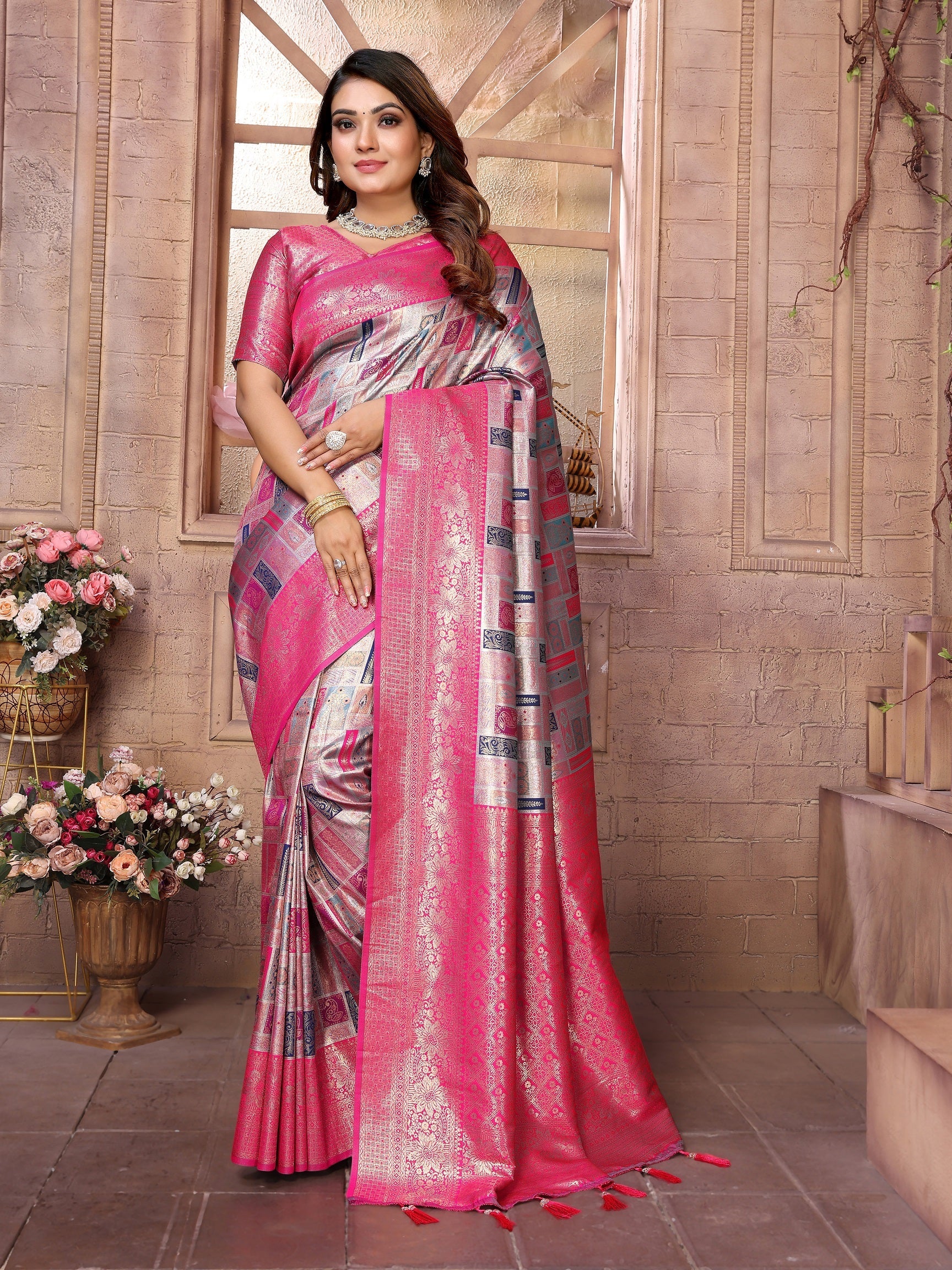 Vedant Vastram Soft Litchi Silk Kanjeevaram Silk Saree - Grey | Grocsy
