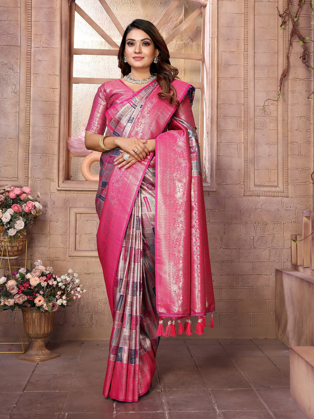Vedant Vastram Soft Litchi Silk Kanjeevaram Silk Saree - Grey | Grocsy