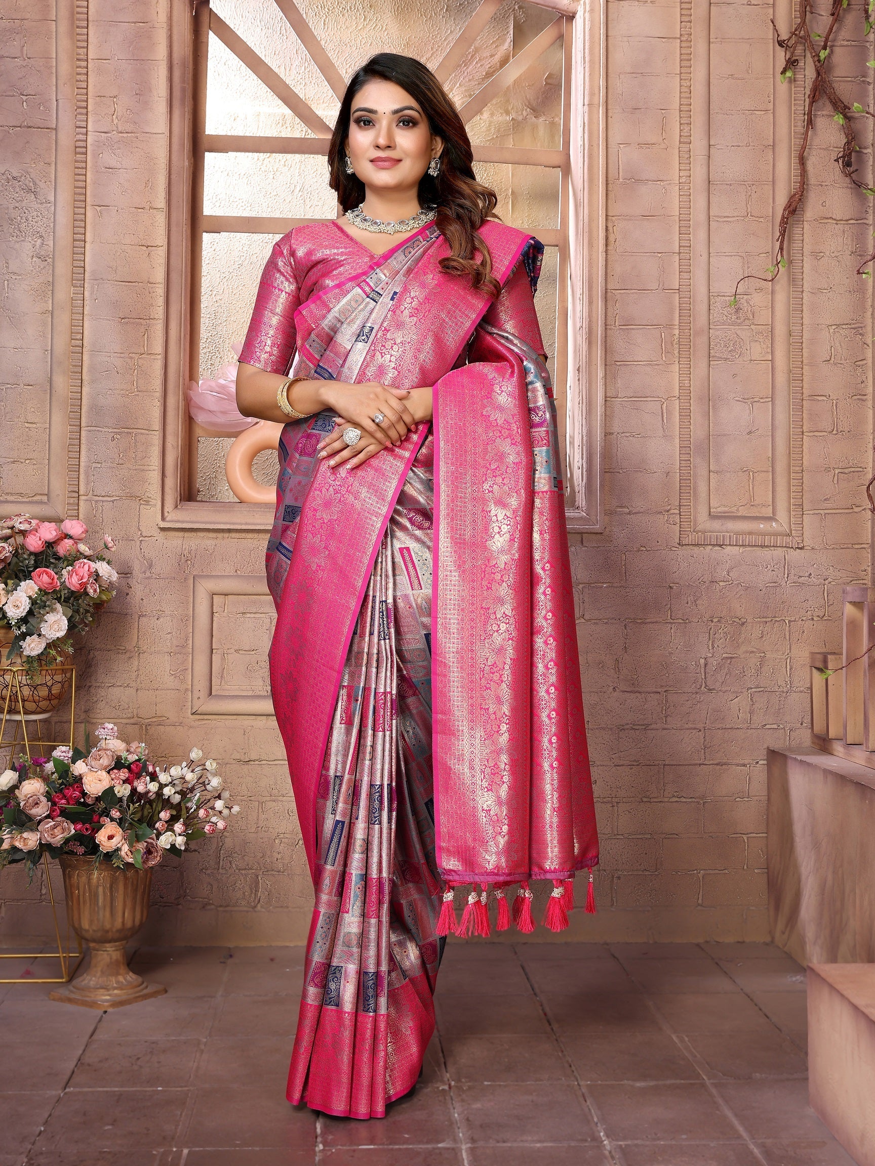 Vedant Vastram Soft Litchi Silk Kanjeevaram Silk Saree - Grey | Grocsy