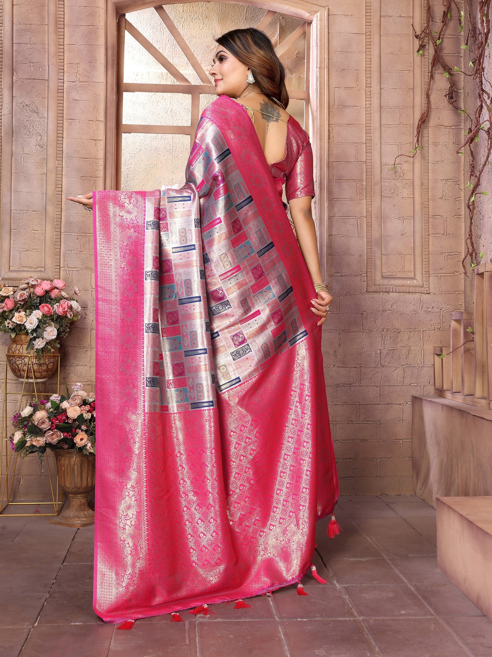 Vedant Vastram Soft Litchi Silk Kanjeevaram Silk Saree - Grey | Grocsy