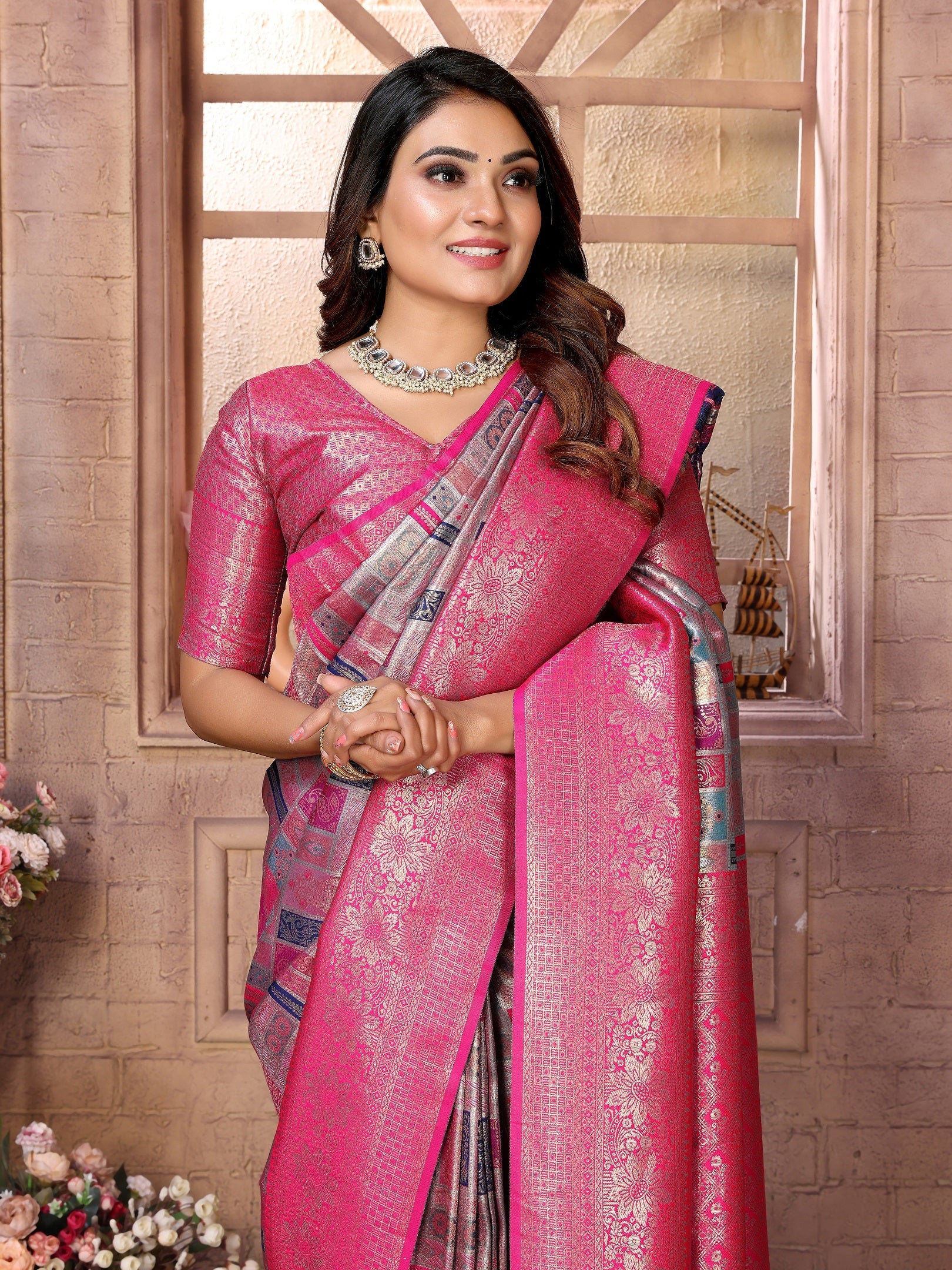 Vedant Vastram Soft Litchi Silk Kanjeevaram Silk Saree - Grey | Grocsy
