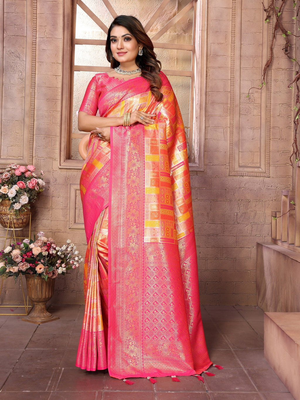 Vedant Vastram Soft Litchi Silk Kanjeevaram Silk Saree - Mustard | Grocsy