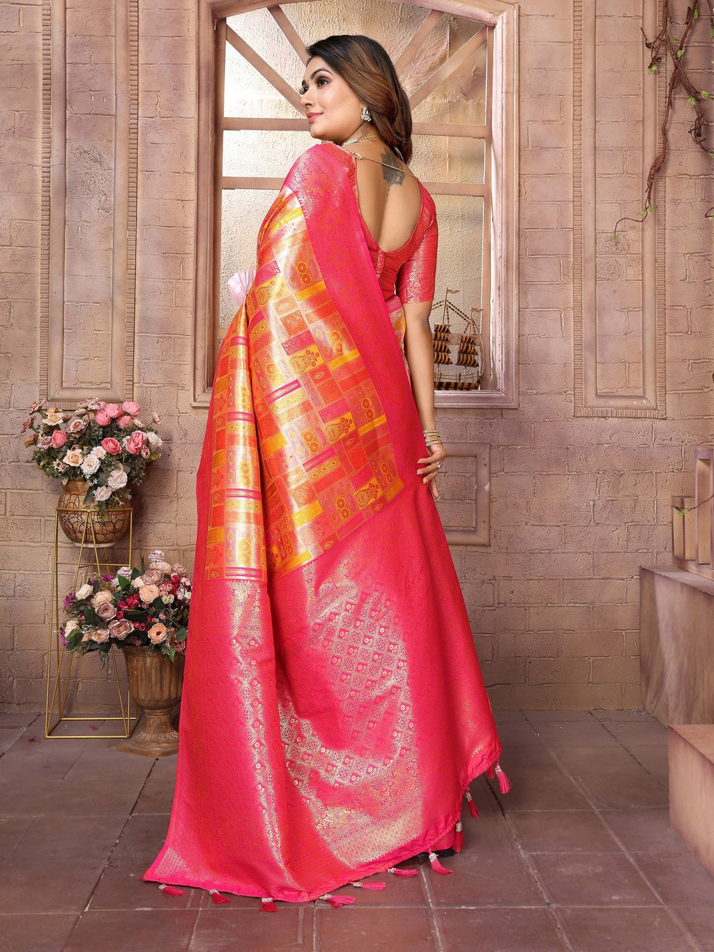 Vedant Vastram Soft Litchi Silk Kanjeevaram Silk Saree - Mustard | Grocsy