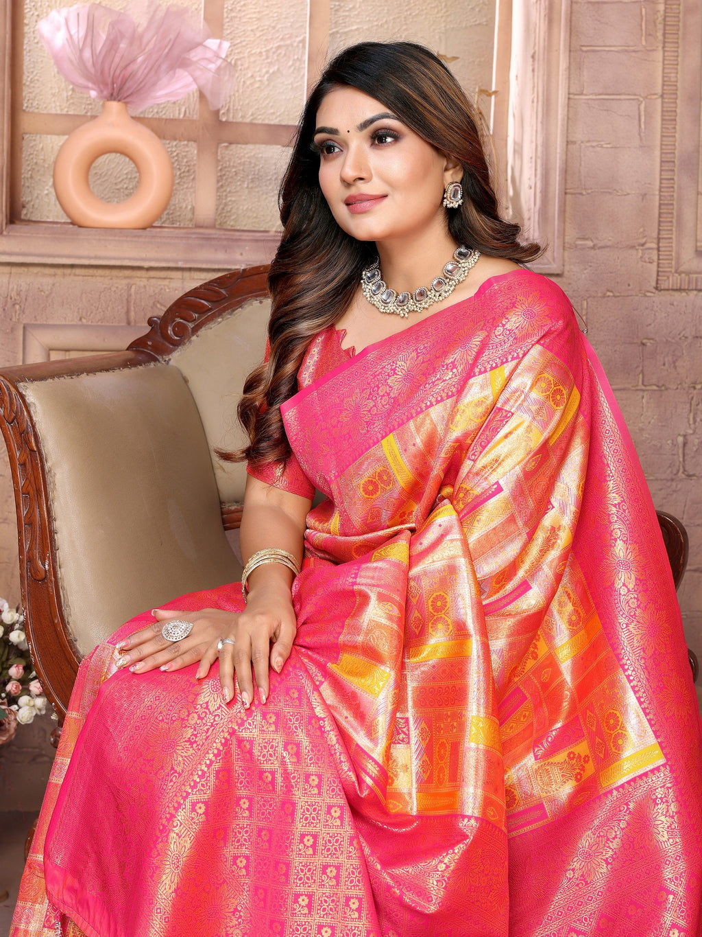 Vedant Vastram Soft Litchi Silk Kanjeevaram Silk Saree - Mustard | Grocsy