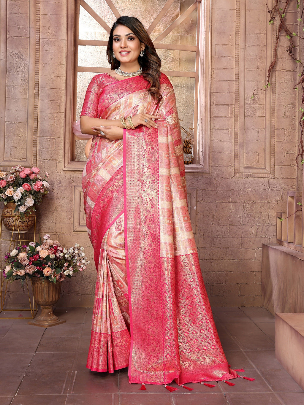 Vedant Vastram Soft Litchi Silk Kanjeevaram Silk Saree - Pink | Grocsy