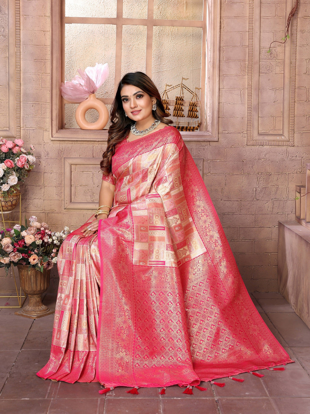 Vedant Vastram Soft Litchi Silk Kanjeevaram Silk Saree - Pink | Grocsy