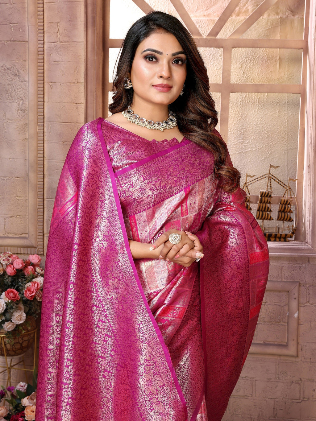 Vedant Vastram Soft Litchi Silk Kanjeevaram Silk Saree - Purple | Grocsy
