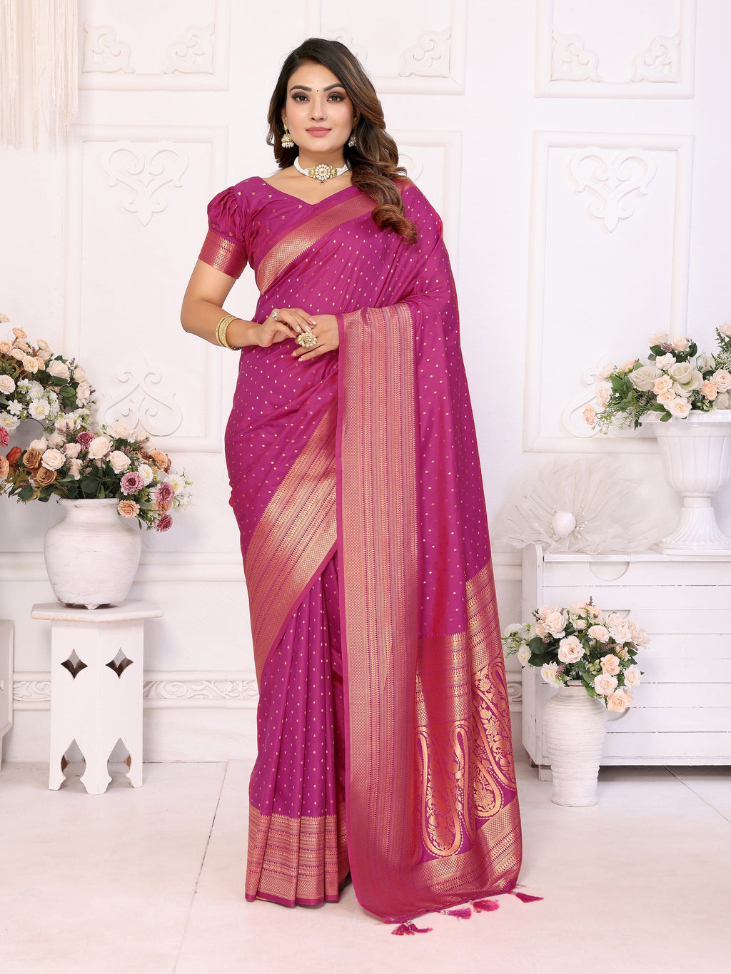Vedant Vastram Soft Litchi Silk Banarasi Silk Saree - Magenta | Grocsy