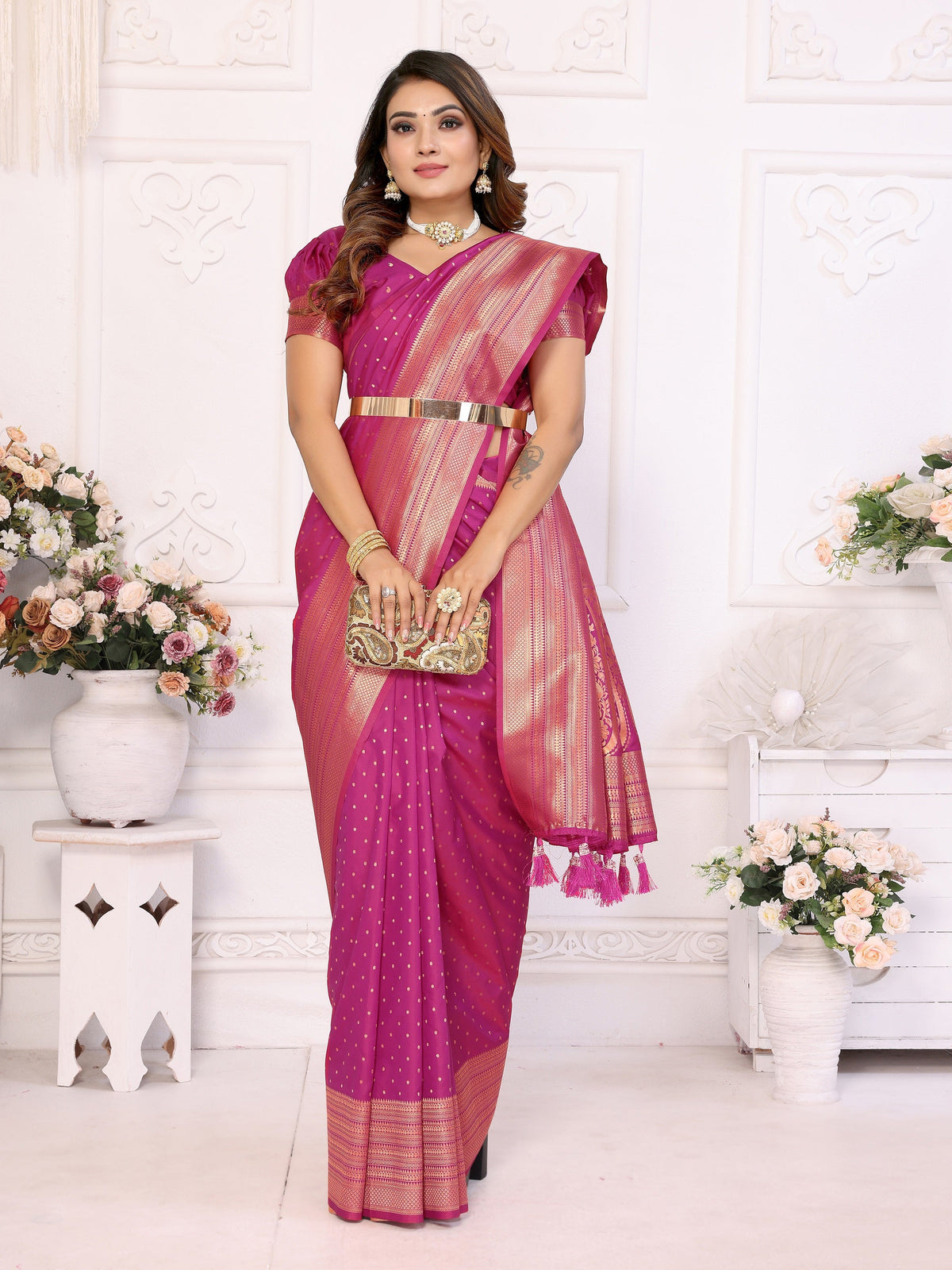 Vedant Vastram Soft Litchi Silk Banarasi Silk Saree - Magenta | Grocsy